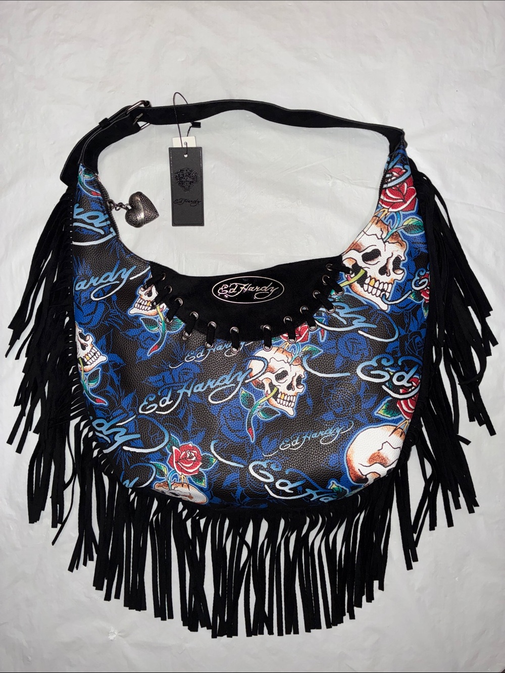 Ed Hardy Blue & Black Skull Fringe Shoulder Bag